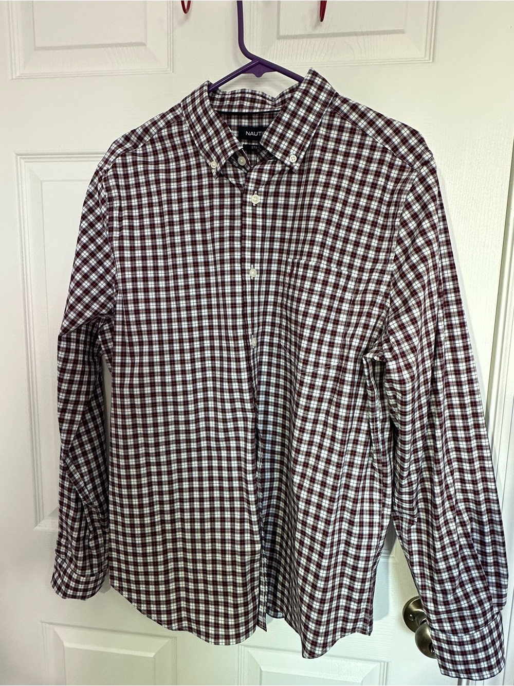 Nautica Men's Burgundy and White Gingham Button-Down Shirt